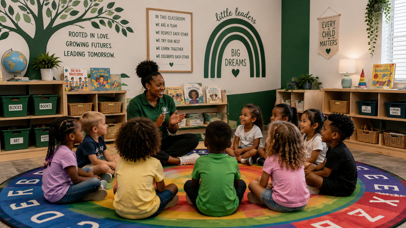 Teacher and children playing with wooden blocks at The Early Learning Institute